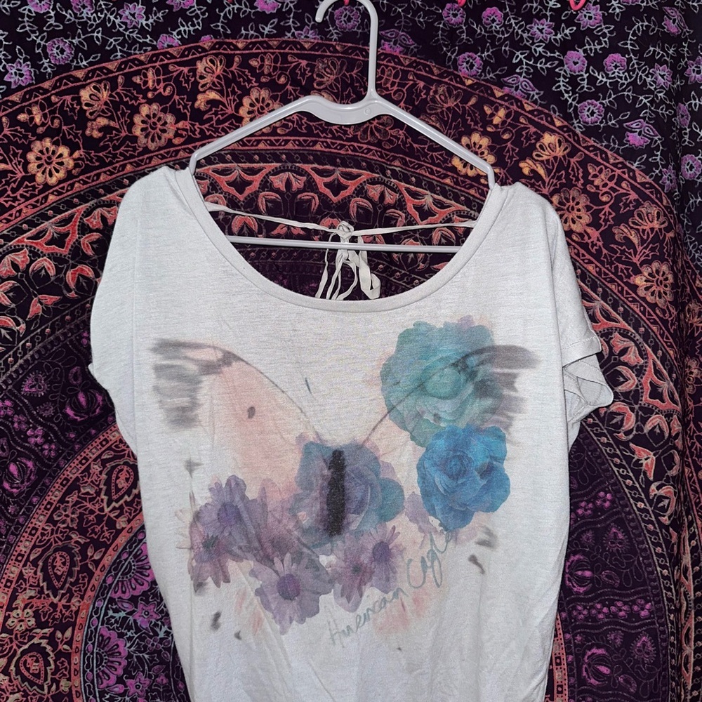 American Eagle Outfitters White Pink Graphic Tie Front T-Shirt